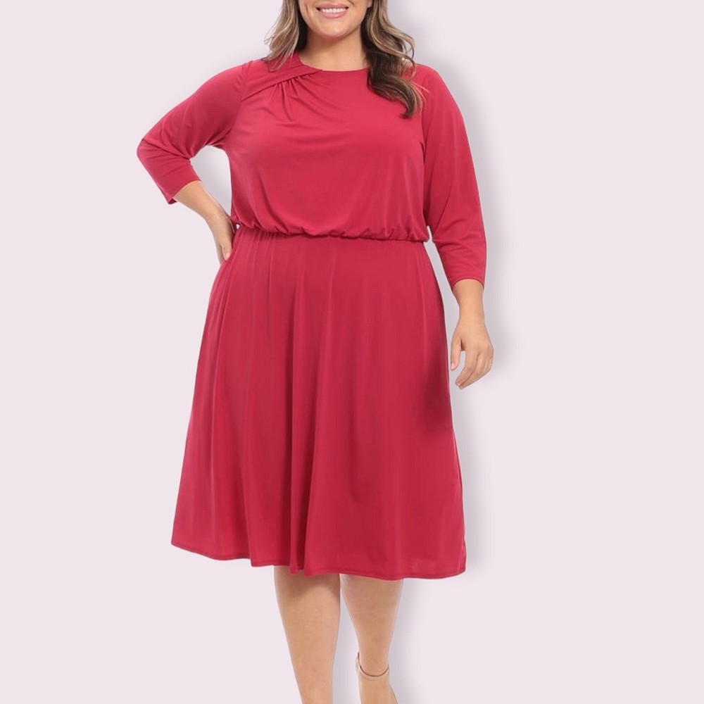 NEW London Times Sasha Red/Pink Jewel Neck Blouson Midi Office Dress Size 18W